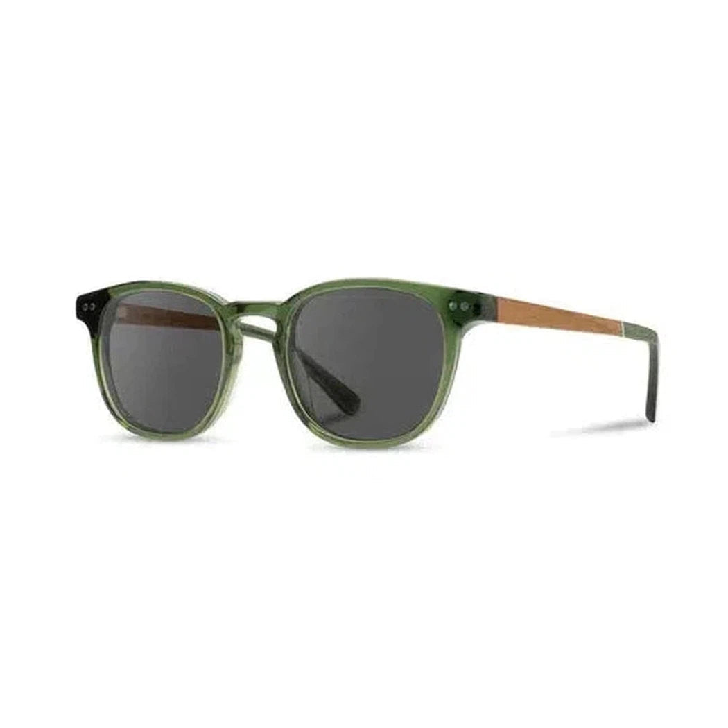 Side view of the Camp Eyewear Topo sunglasses in Black // Ebony with dark lenses against a white background.