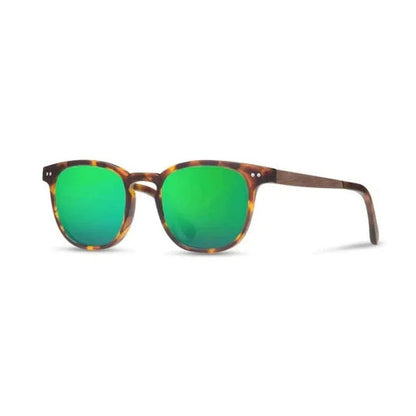Side view of the Camp Eyewear Topo sunglasses with black frames and green lenses against a white background.