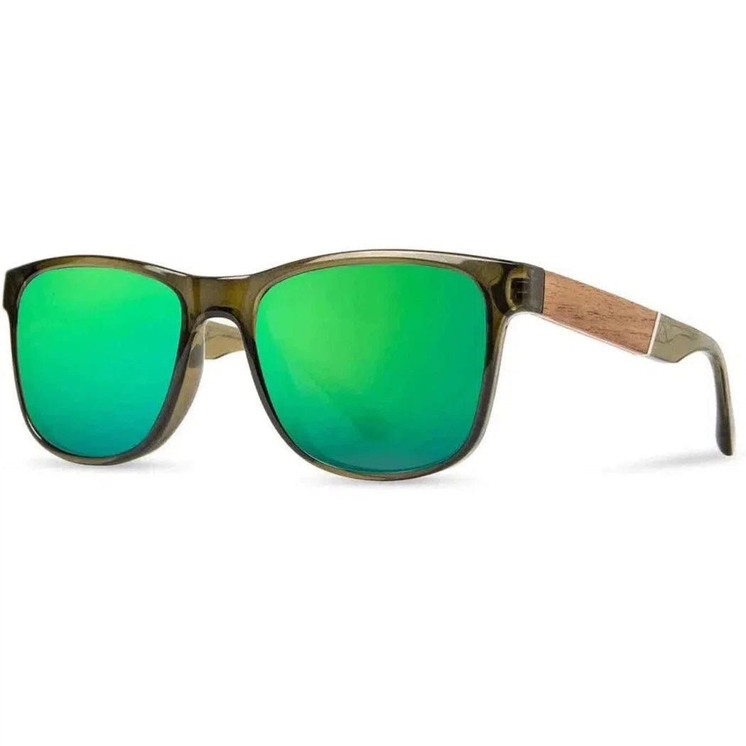 Side view of the Camp Eyewear Trail - Glacier Edition sunglasses with green mirrored lenses and walnut temple accents against a white background.