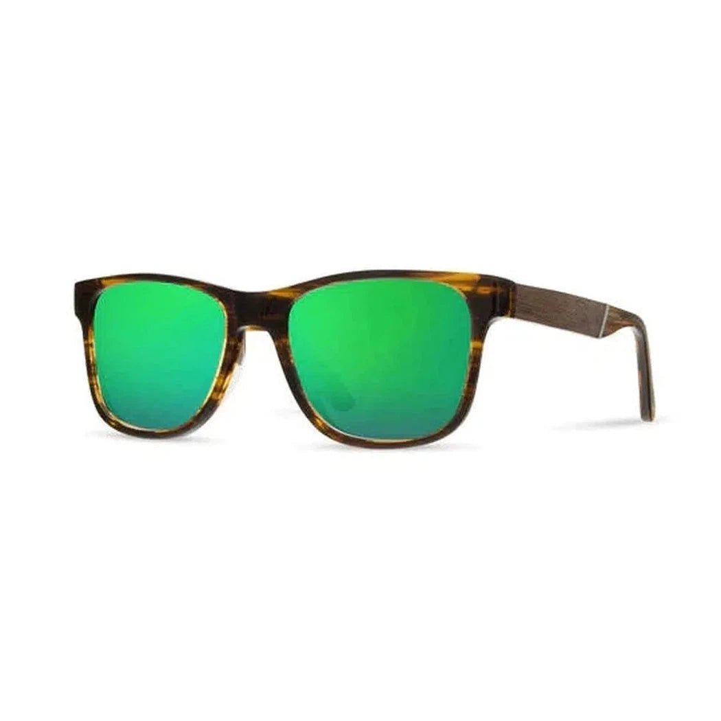 Side view of the Camp Eyewear Trail sunglasses with black frames and green lenses against a white background.