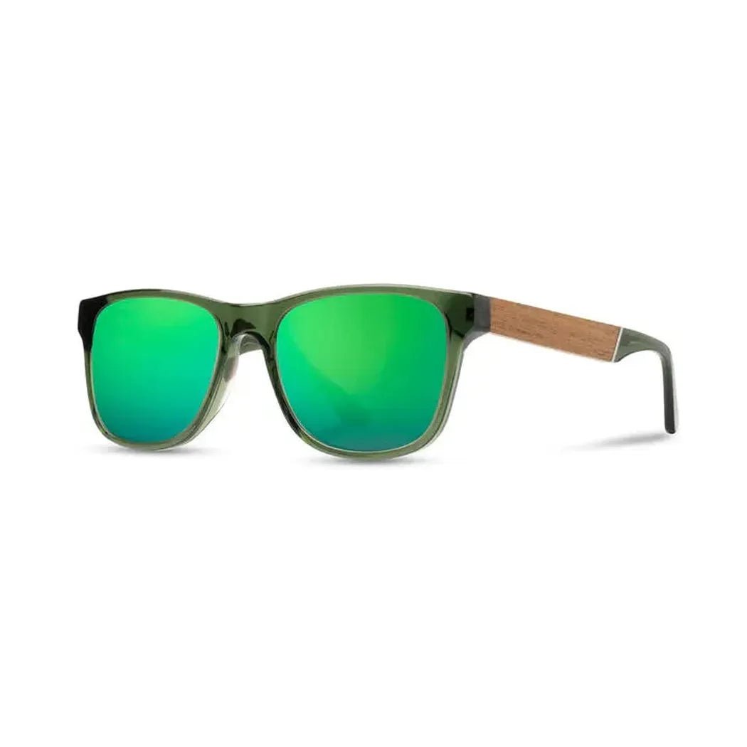 Side view of the Camp Eyewear Trail sunglasses in Black // Ebony with green lenses and wooden temple accents against a white background.