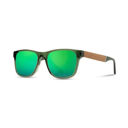 Side view of the Camp Eyewear Trail sunglasses in Black // Ebony with green lenses and wooden temple accents against a white background.