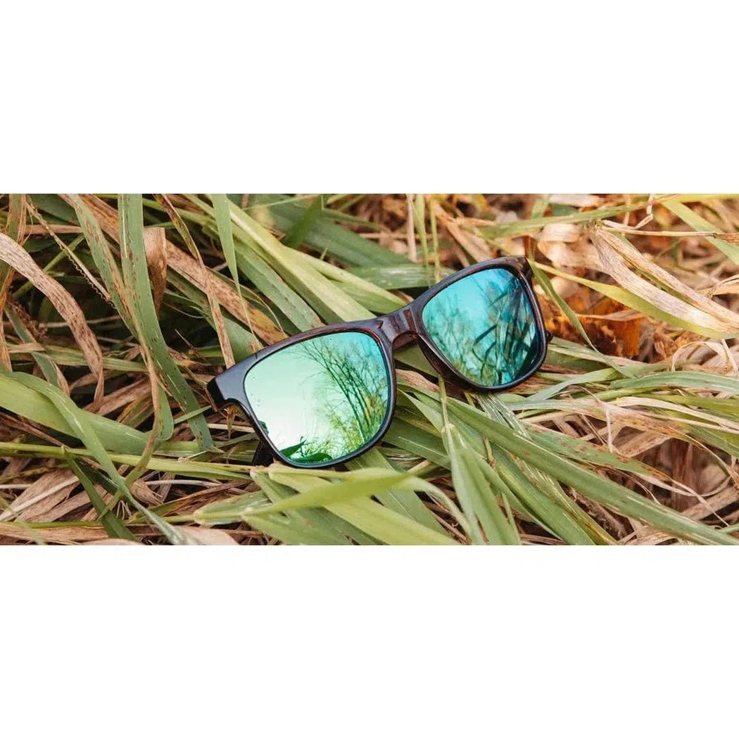 Black Camp Eyewear Trail sunglasses resting on green and brown grass with a tree reflection in the lenses.