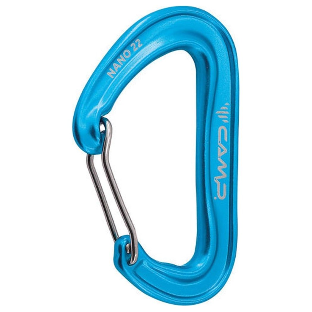 Side view of the CAMP Nano 22 carabiner in Green showing the gate and brand name against a white background.