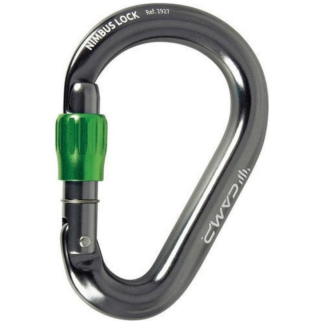 A side view of the CAMP Nimbus Lock carabiner in Gun Metal with a green screw-lock mechanism against a white background.