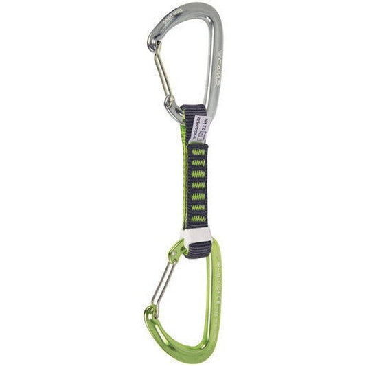 A 12 cm CAMP Orbit Wire Express quickdraw with a silver carabiner and green wire gate carabiner, shown from a front angle against a white background.