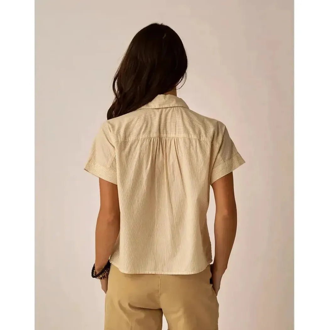 Back view of the Carve Designs Women's Elliott Volle Top in Captain Pinstripe showing the gathered back detail against a neutral background.