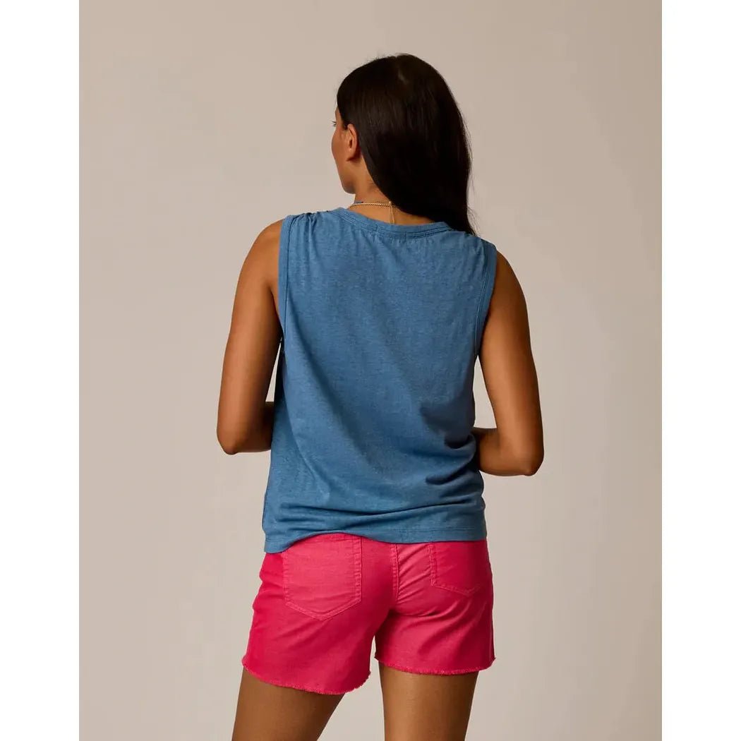 Back view of the Carve Designs Women's Larisa Hemp Tank in Captain blue, model wearing it, plain background.