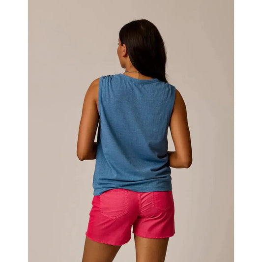 Back view of the Carve Designs Women's Larisa Hemp Tank in Captain blue, model wearing it, plain background.