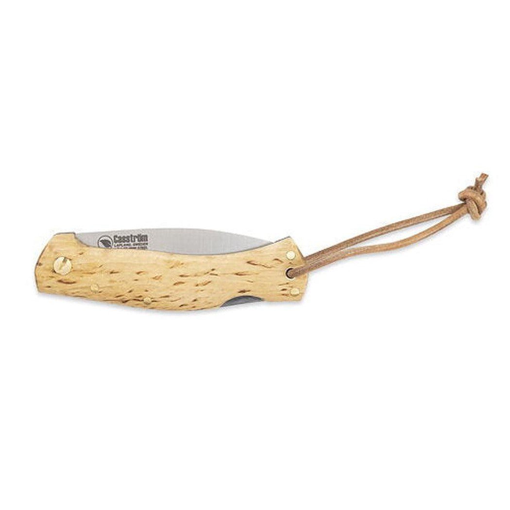A side view of the Casstrom Lars Falt Lock Back knife with a natural wood handle and leather lanyard against a white background.