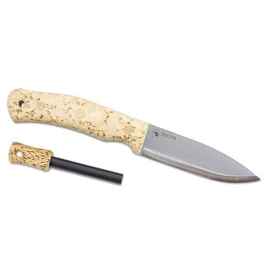 A side view of the Casstrom No. 10 Swedish Forest Knife with a curly birch handle and fire steel, stainless blade, against a white background.