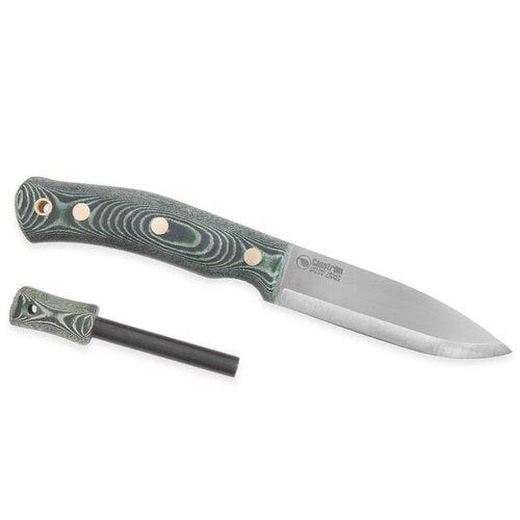 A side view of the Casstrom No.10 Swedish Forest Knife, Green micarta with fire steel, Sleipner against a white background.