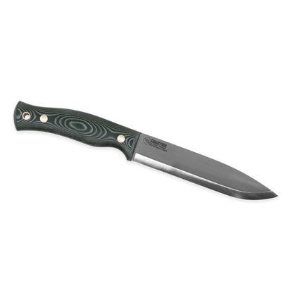 A side view of the Casstrom No 14 Swedish Forest Knife Green Micarta with Firesteel on a white background.