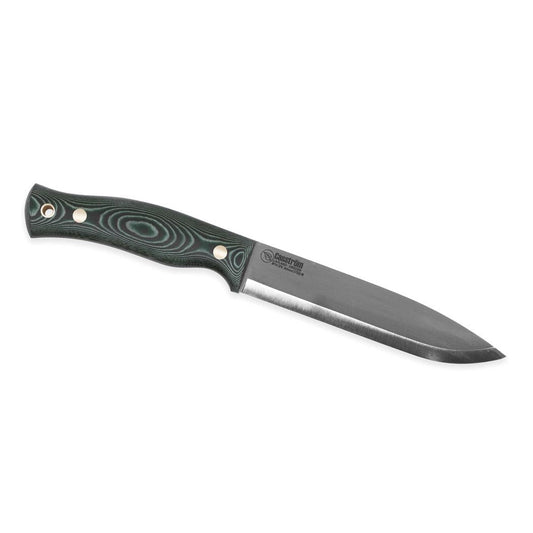 A side view of the Casstrom No 14 Swedish Forest Knife Green Micarta with Firesteel on a white background.
