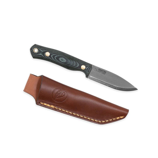 A top-down view of the Casstrom No 8 Swedish Forest Knife Green Micarta with its brown leather sheath on a white background.