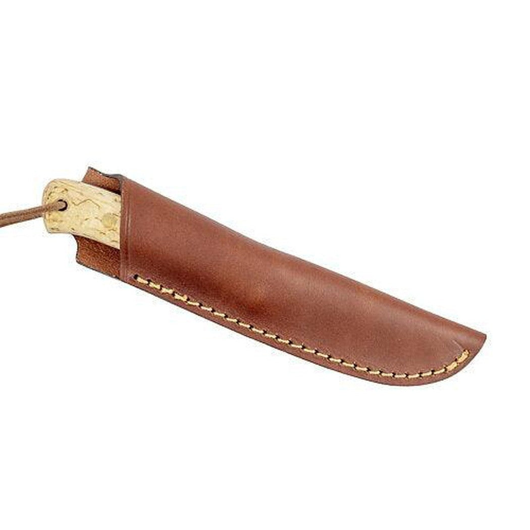 A brown leather sheath for the Casstrom Woodsman, Curly Birch, Sleipner knife, shown from a side angle with visible stitching and a white background.