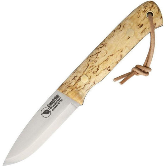A side view of the Casstrom Woodsman Curly Birch knife with a natural wood handle and leather lanyard against a white background.