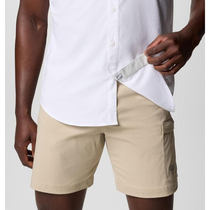 A model wearing the Columbia Sportswear Men's Blood and Guts V Short Sleeve Shirt in White, showing the shirt's front and a close-up of the pocket.