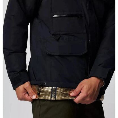 A close-up of the Columbia Sportswear Men's Landroamer II Parka in Black, showing the front pocket and zipper detail against a neutral background.