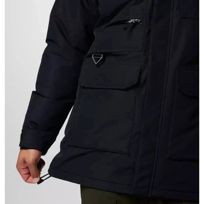 A close-up of the Columbia Sportswear Men's Landroamer II Parka in Black, showing the front pocket and zipper detail against a plain background.