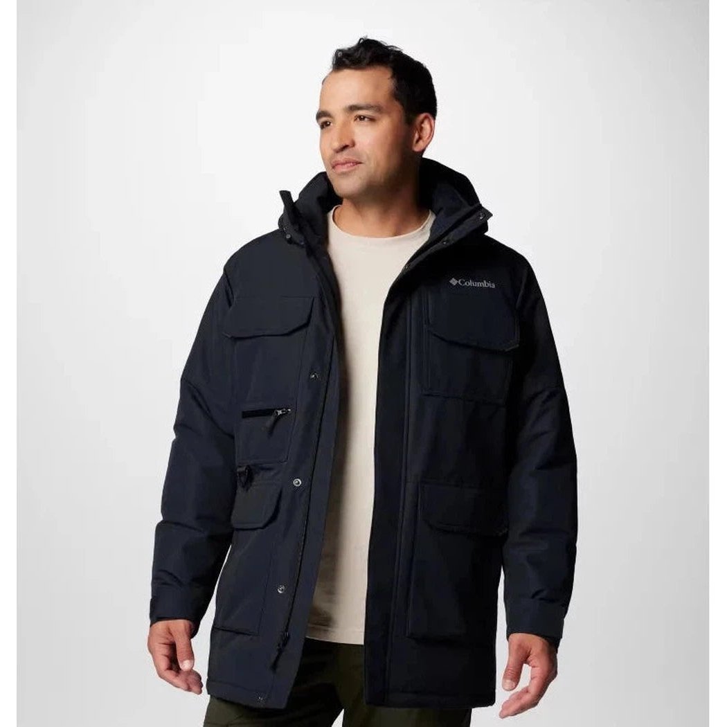 A front view of the Columbia Sportswear Men's Landroamer II Parka in Black on a model against a white background.