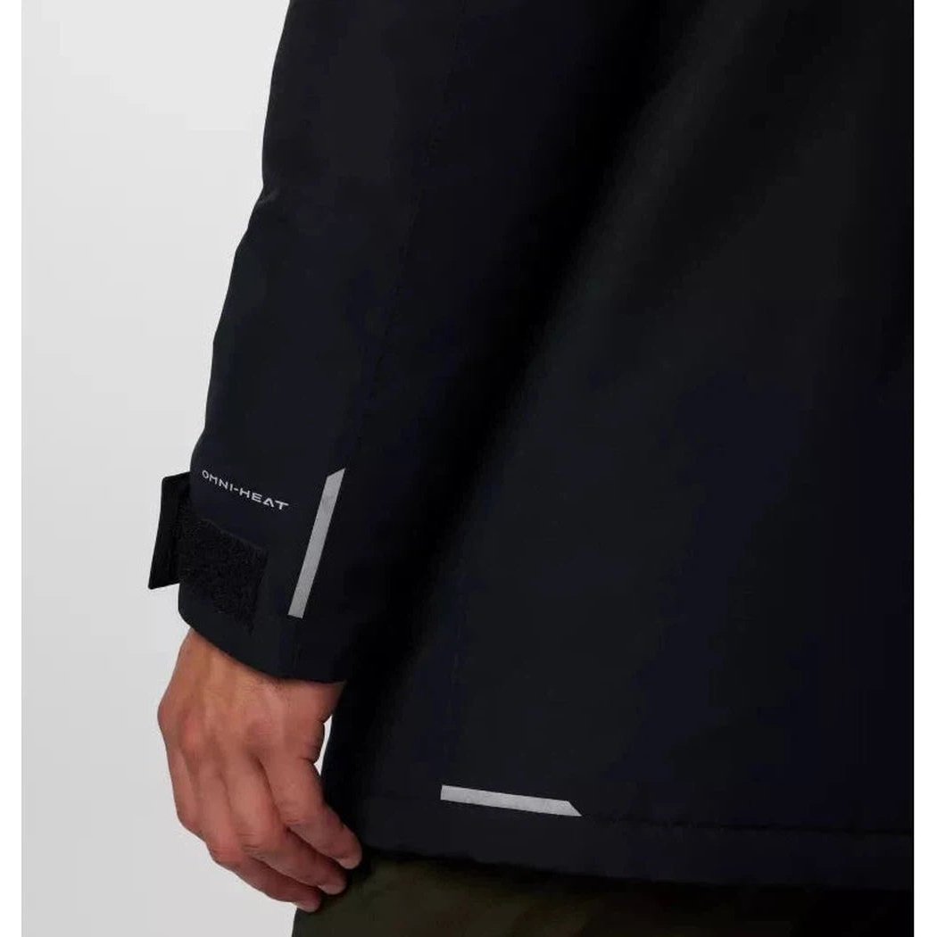 Side view of the Columbia Sportswear Men's Landroamer II Parka in Black showing the cuff detail and reflective strip against a plain background.