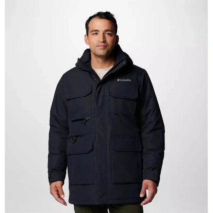 A front view of the Columbia Sportswear Men's Landroamer II Parka in Black on a model against a white background.