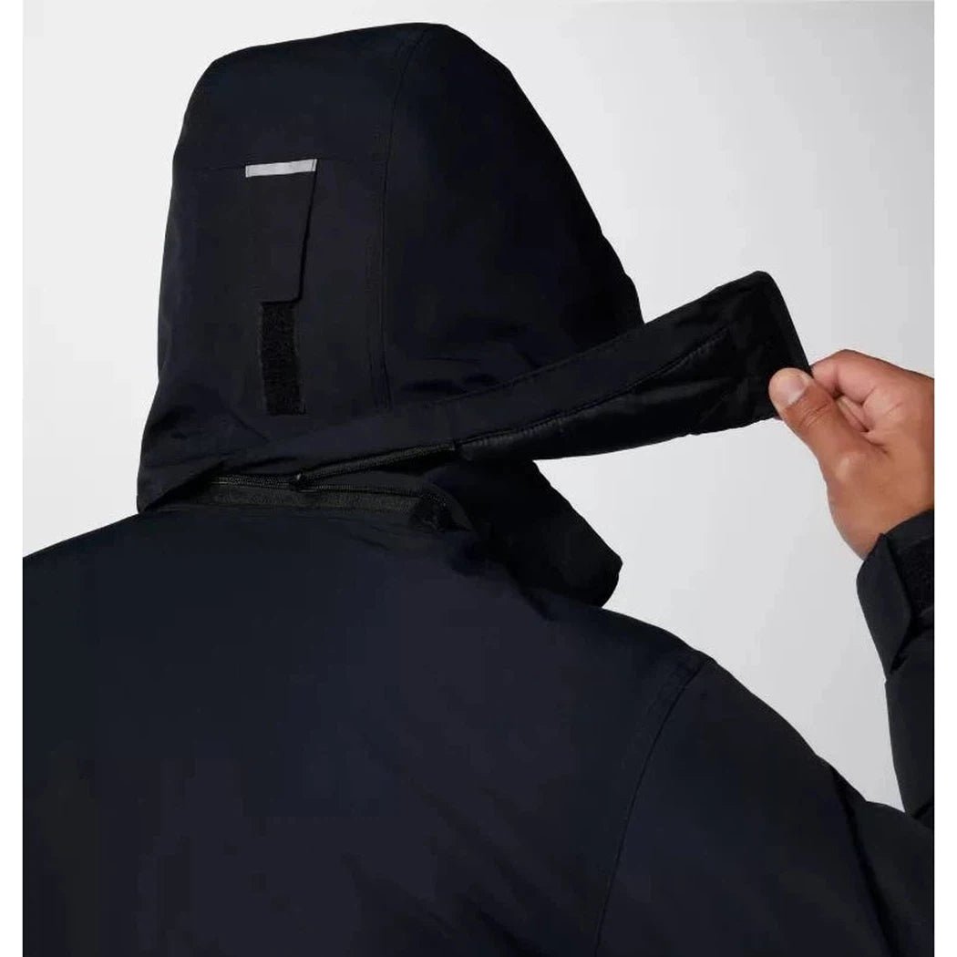 Back view of the Columbia Sportswear Men's Landroamer II Parka in Black showing the hood and zipper detail against a plain background.