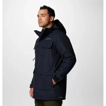 Side view of the Columbia Sportswear Men's Landroamer II Parka in Black with a hood and front pockets against a plain white background.