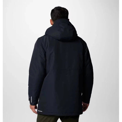 Back view of the Columbia Sportswear Men's Landroamer II Parka in Black showing the hood and cuffs against a plain white background.