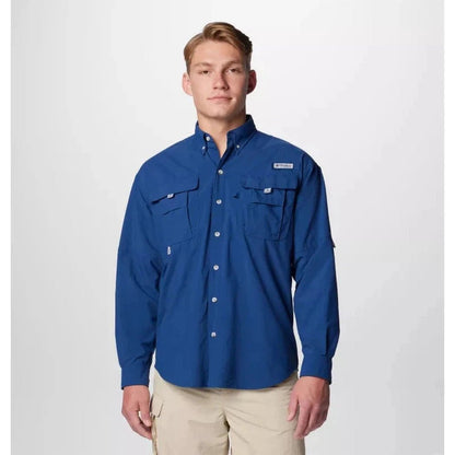 A front view of the Columbia Sportswear Men's PFG Bahama II Long Sleeve Shirt in Fossil, showing the chest pockets and button front on a model against a plain white background.