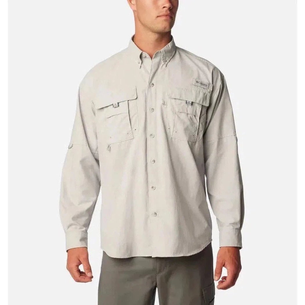 A front view of the Columbia Sportswear Men's PFG Bahama II Long Sleeve Shirt in Fossil, showing the two chest pockets and button-down collar against a plain white background.