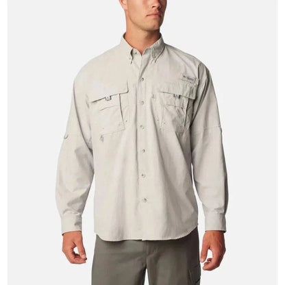 A front view of the Columbia Sportswear Men's PFG Bahama II Long Sleeve Shirt in Fossil, showing the two chest pockets and button-down collar against a plain white background.