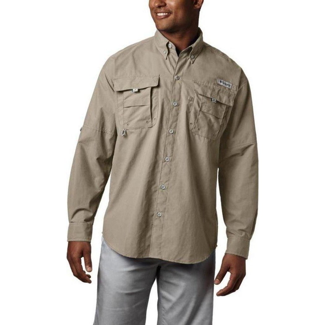 A front view of the Columbia Sportswear Men's PFG Bahama II Long Sleeve Shirt in Fossil, showing the chest pockets and button front on a model against a white background.