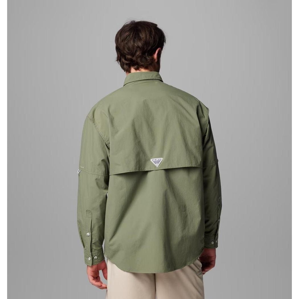 Back view of the Columbia Sportswear Men's PFG Bahama II Long Sleeve Shirt in Fossil, showing the back flap and logo against a gray background.