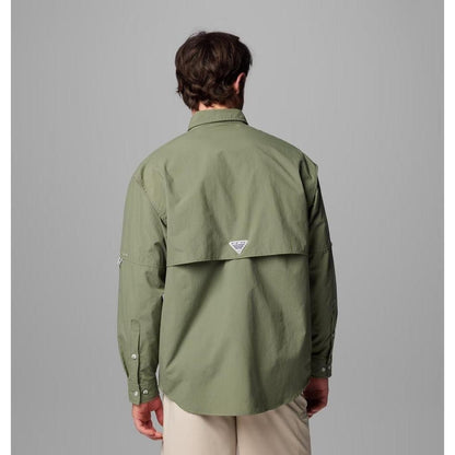 Back view of the Columbia Sportswear Men's PFG Bahama II Long Sleeve Shirt in Fossil, showing the back flap and logo against a gray background.