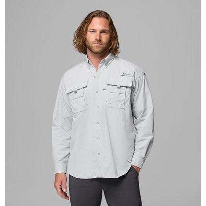 A front view of the Columbia Sportswear Men's PFG Bahama II Long Sleeve Shirt in Fossil on a model against a gray background.