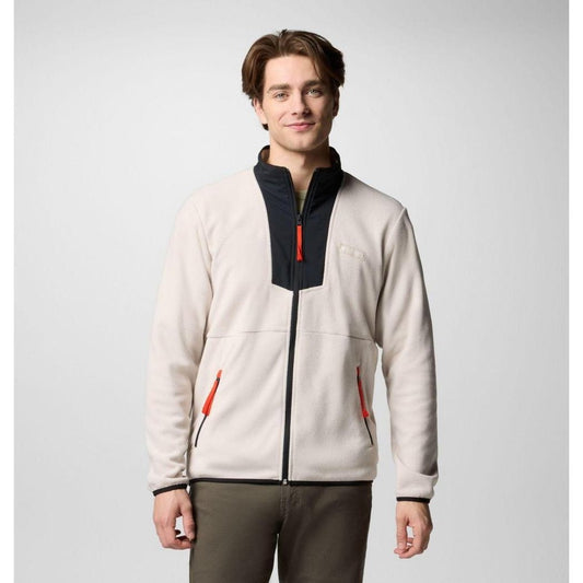 A front view of the Columbia Sportswear Men's Sequoia Grove Full Zip Fleece in Dark Stone/Black on a model against a light gray background.