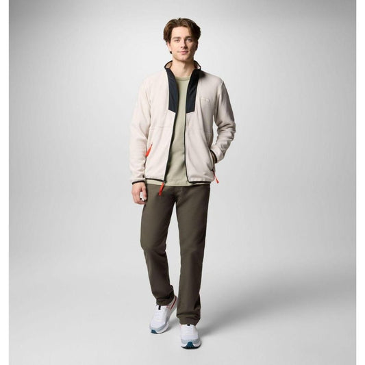 A front view of the Columbia Sportswear Men's Sequoia Grove Full Zip Fleece in Dark Stone/Black on a model against a light gray background.