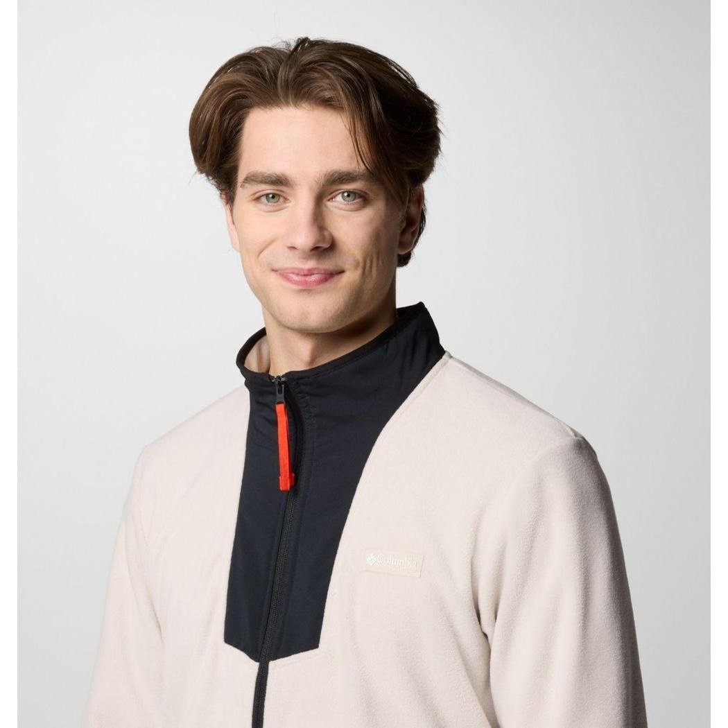 A front view of the Columbia Sportswear Men's Sequoia Grove Full Zip Fleece in Dark Stone/Black on a model against a light gray background.
