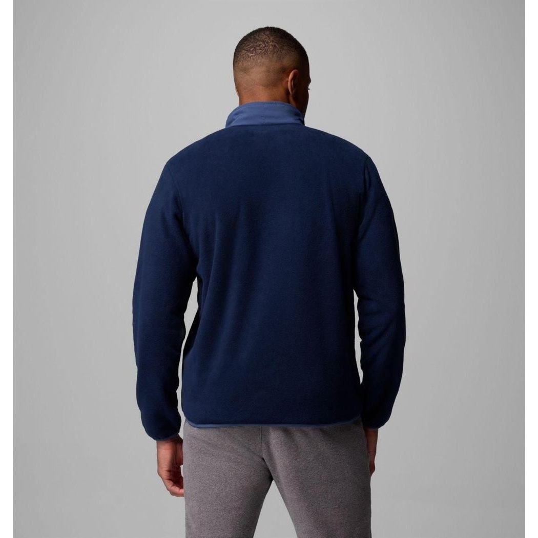 Back view of the Columbia Sportswear Men's Sequoia Grove Half Zip Fleece in Collegiate Navy/Dark Mountain on a model against a gray background.