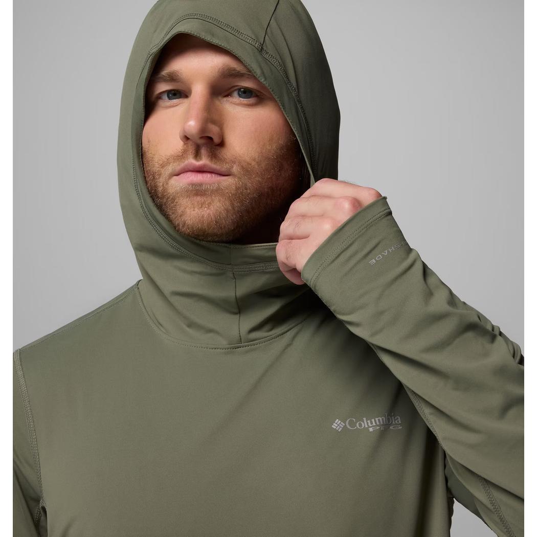 A front view of the Columbia Sportswear Men's Shoaltech Hoodie in Cypress showing the hood and logo on a gray background.