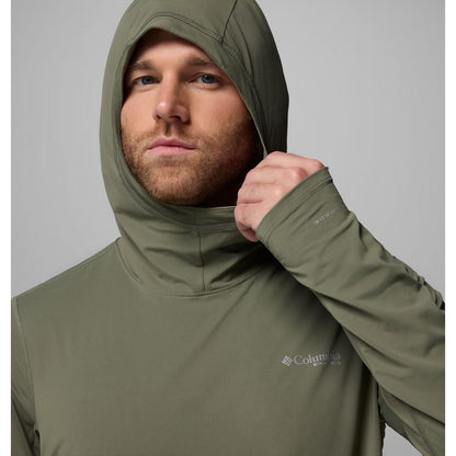 A front view of the Columbia Sportswear Men's Shoaltech Hoodie in Cypress showing the hood and logo on a gray background.