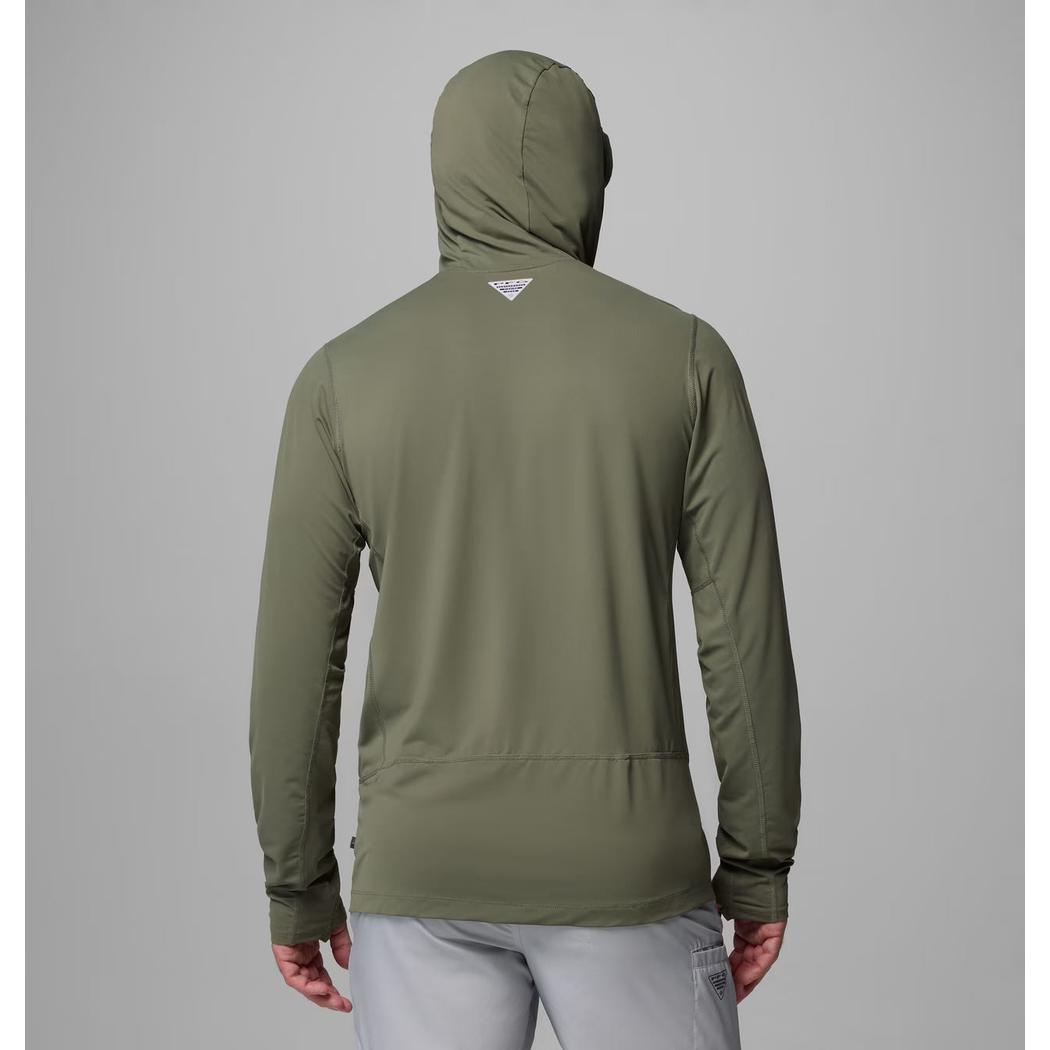 Back view of the Columbia Sportswear Men's Shoaltech Hoodie in Cypress showing the hood and back pocket against a gray background.