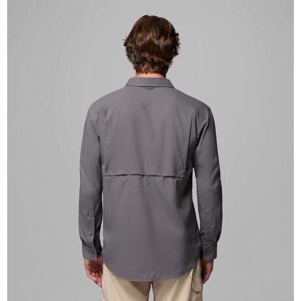 Back view of the Columbia Sportswear Men's Silver Ridge Utility II LS Shirt in City Grey on a model against a plain grey background.