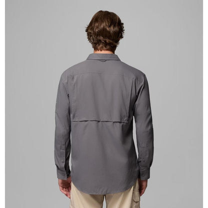Back view of the Columbia Sportswear Men's Silver Ridge Utility II LS Shirt in City Grey on a model against a plain grey background.