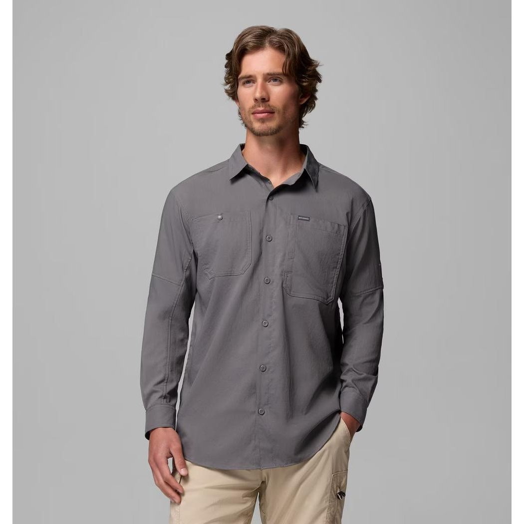 A front view of the Columbia Sportswear Men's Silver Ridge Utility II LS Shirt in City Grey on a model with a plain grey background.