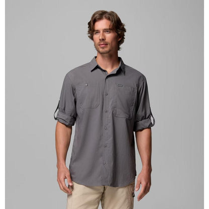 A front view of the Columbia Sportswear Men's Silver Ridge Utility II LS Shirt in City Grey, showing rolled sleeves and a model wearing it against a plain background.