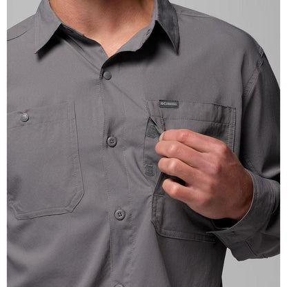 A close-up of the Columbia Sportswear Men's Silver Ridge Utility II LS Shirt in City Grey, showing the chest pocket and buttoned front against a plain background.