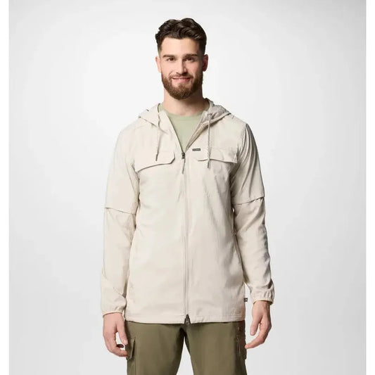 A front view of the Columbia Sportswear Men's Skien Valley Hooded Long Sleeve Shirt in Dark Stone on a model against a white background.
